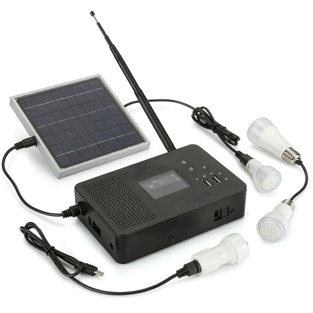 Solar home lighting kit with radio and speaker